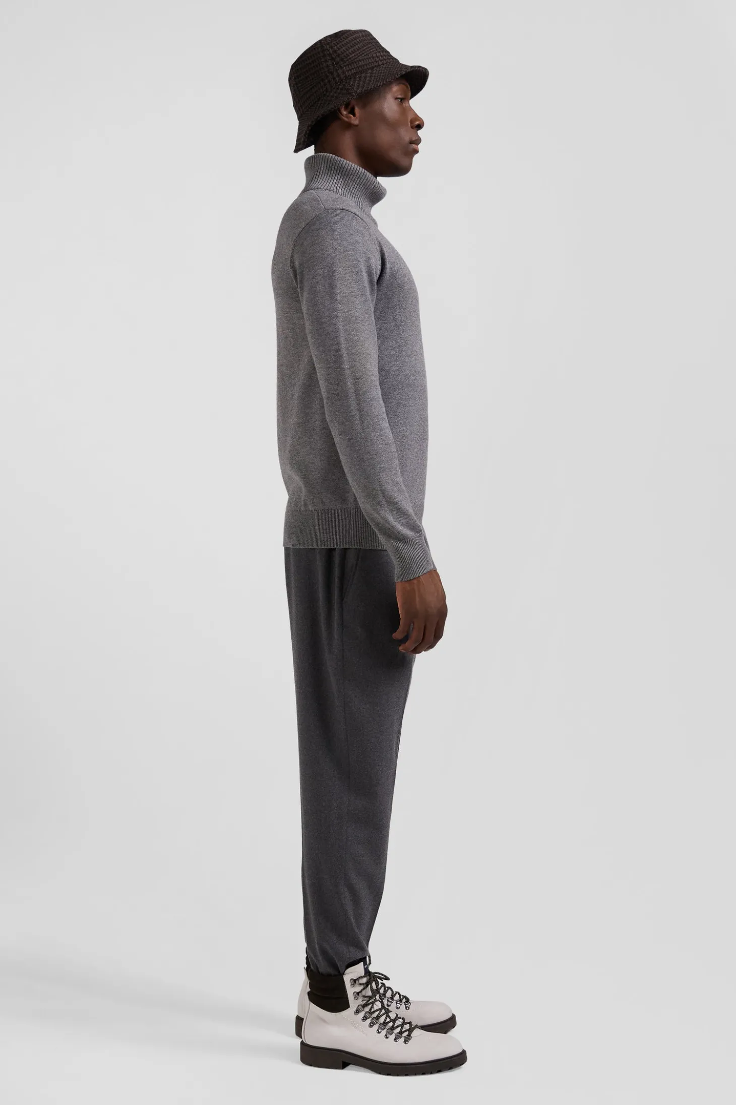 Regular grey wool and cotton turtleneck jumper