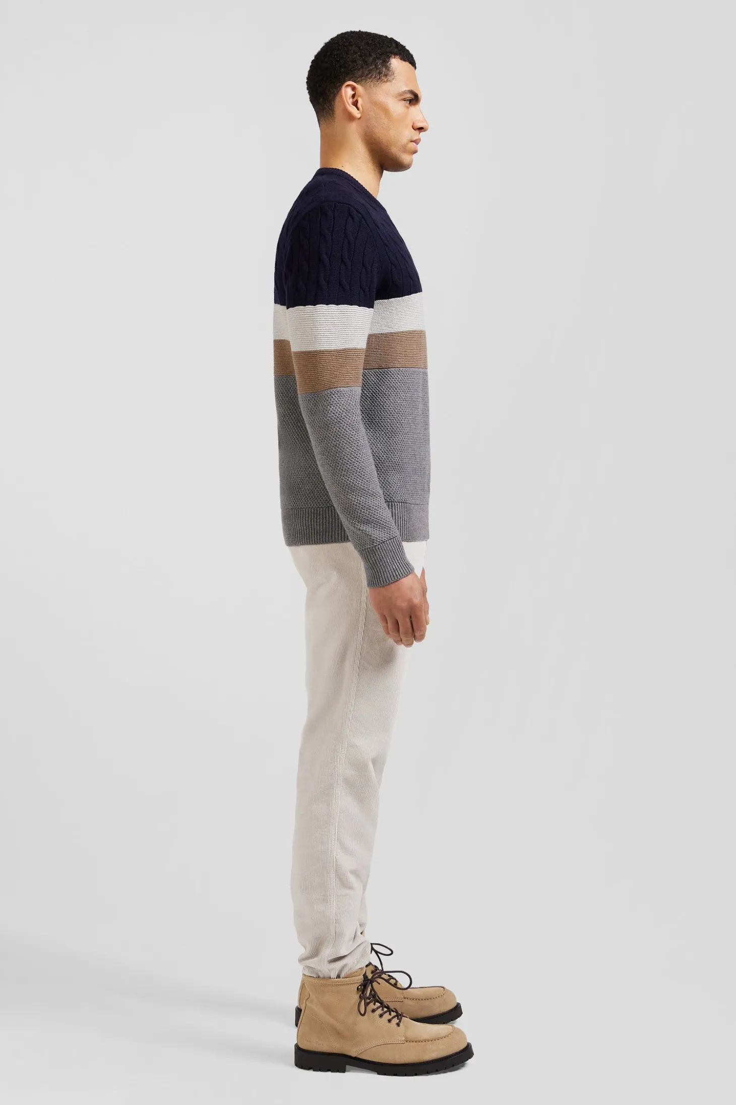 Regular grey wool and cotton crew neck jumper with knit patterns