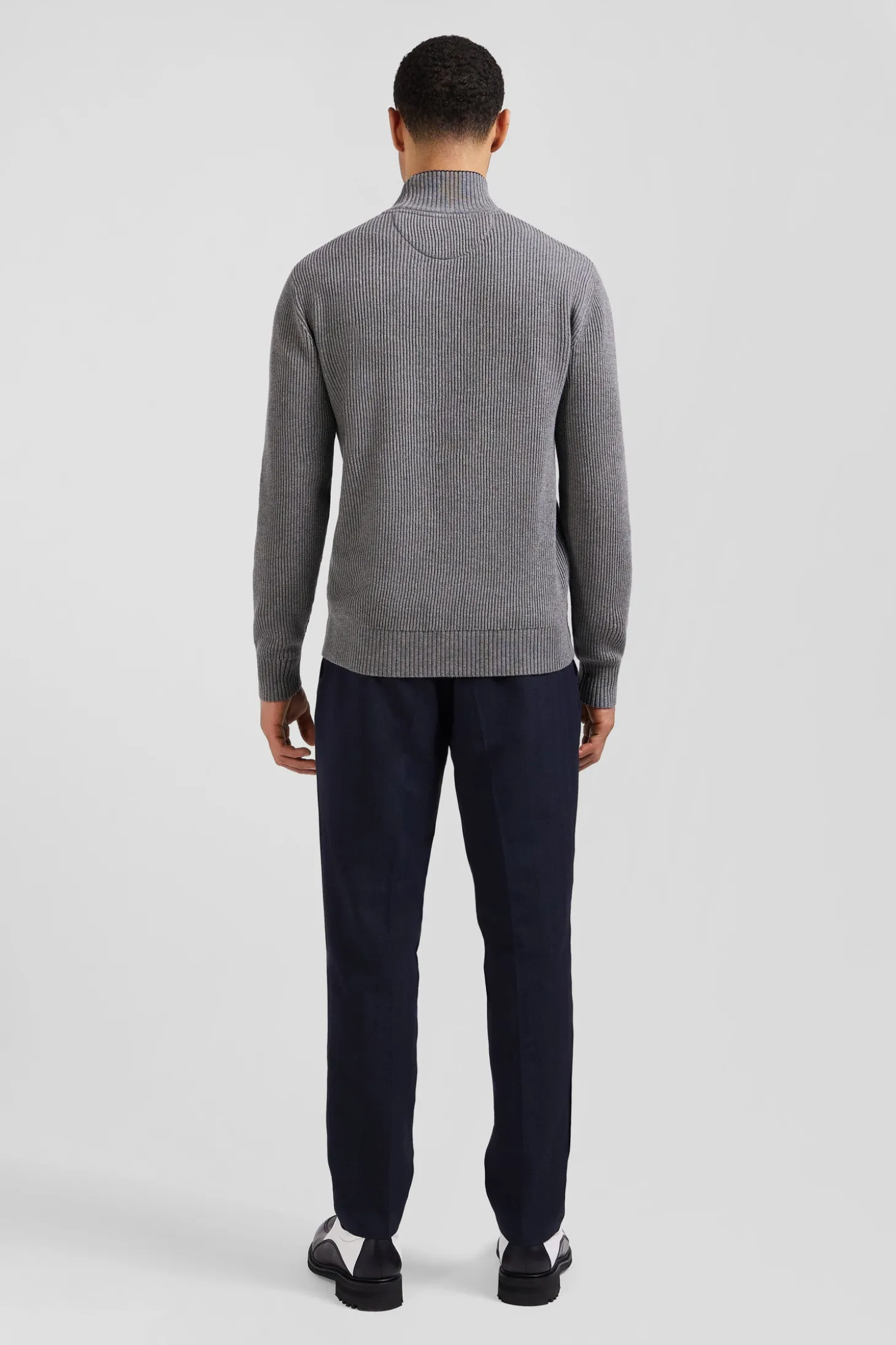 Regular grey wool and cotton high-neck jumper