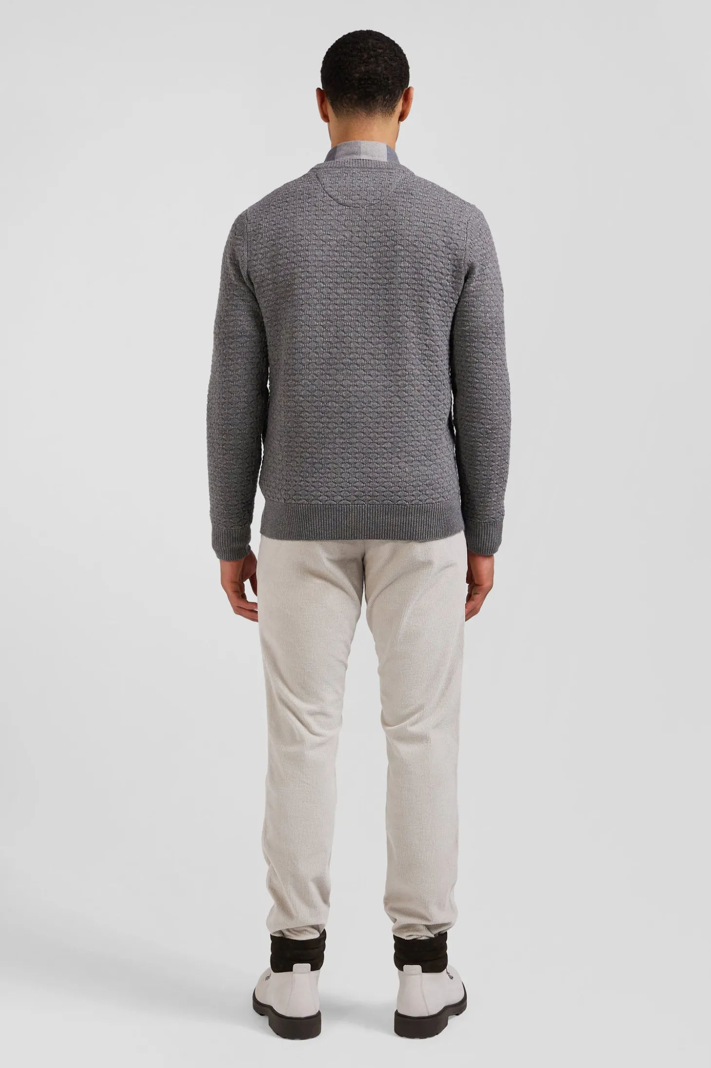 Regular grey wool and cotton crew neck jumper with micro bow tie effect