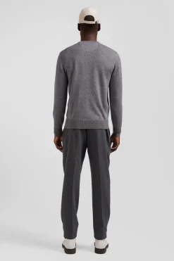 Regular grey wool and cotton V-neck jumper with striped details
