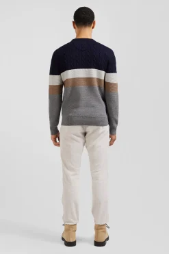 Regular grey wool and cotton crew neck jumper with knit patterns