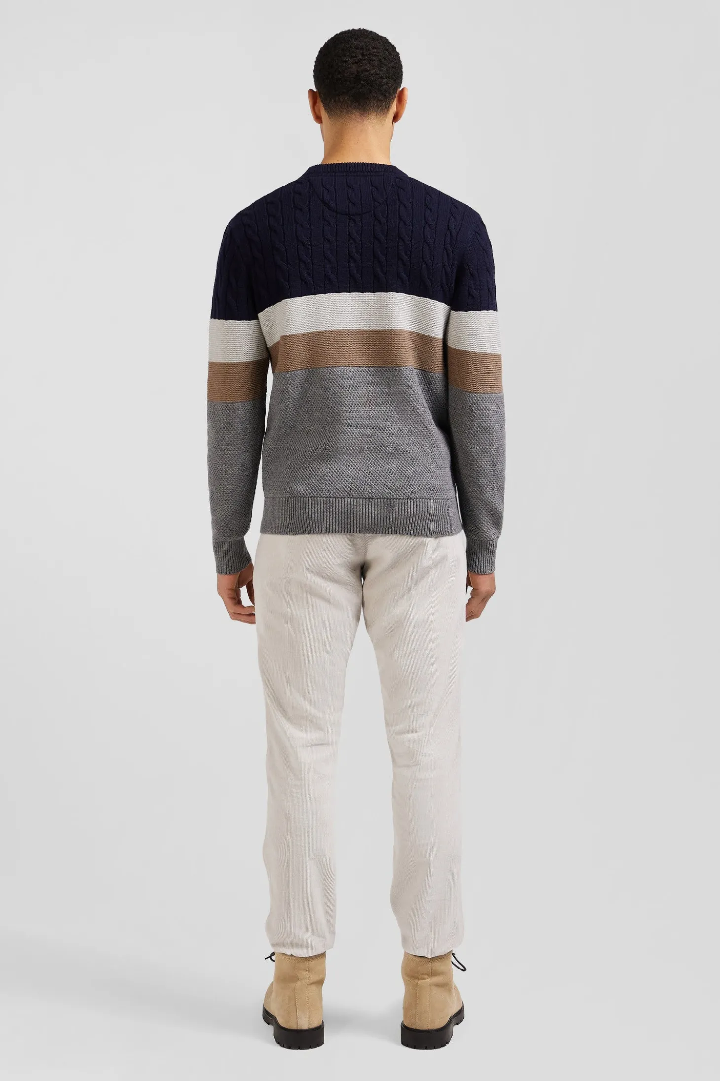 Regular grey wool and cotton crew neck jumper with knit patterns