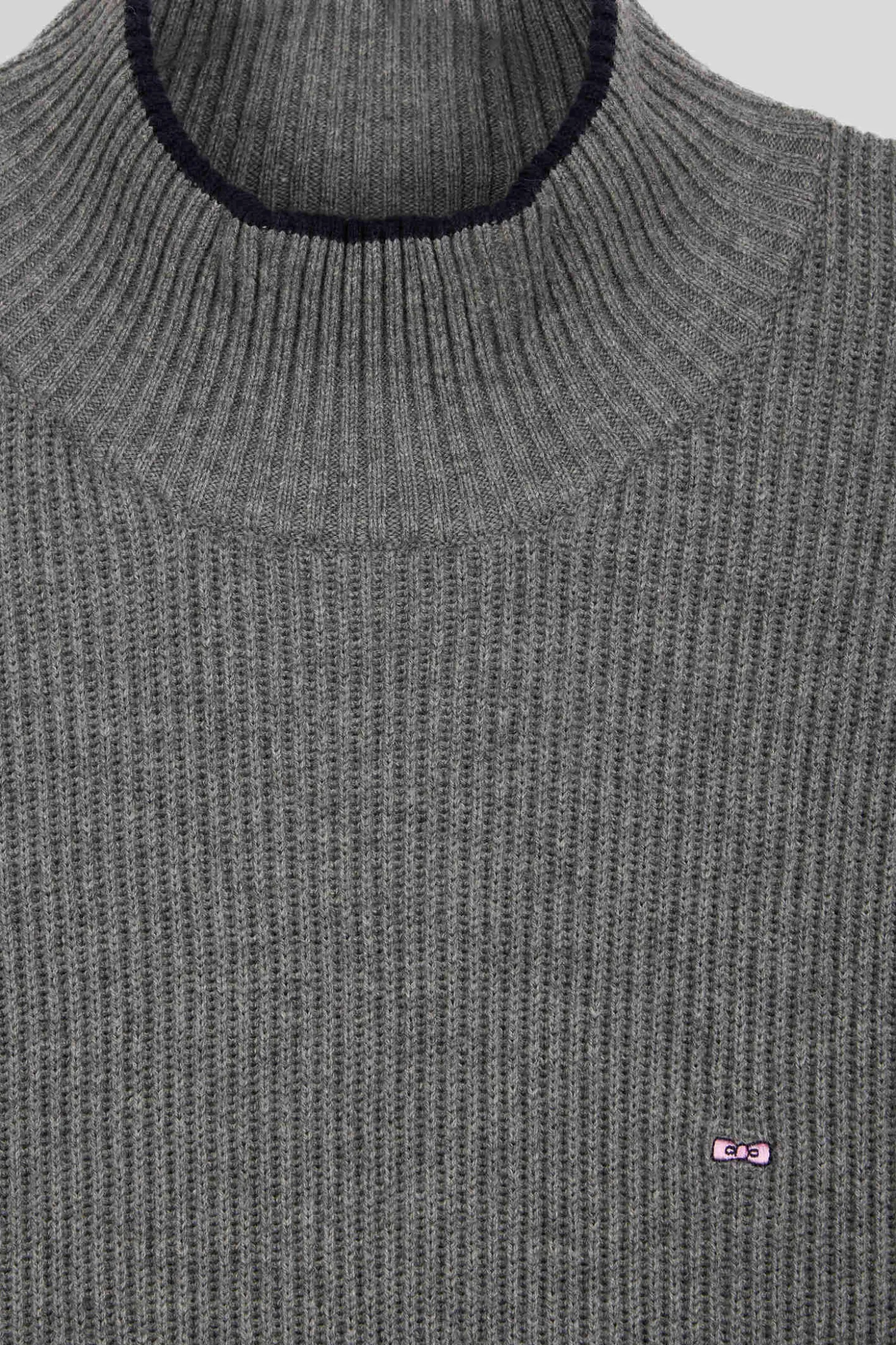 Regular grey wool and cotton high-neck jumper