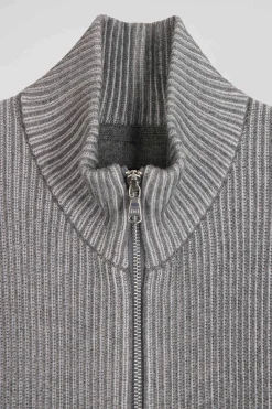 Regular grey wool and cotton zipped cardigan