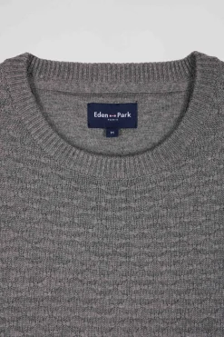 Regular grey wool and cotton crew neck jumper with micro bow tie effect