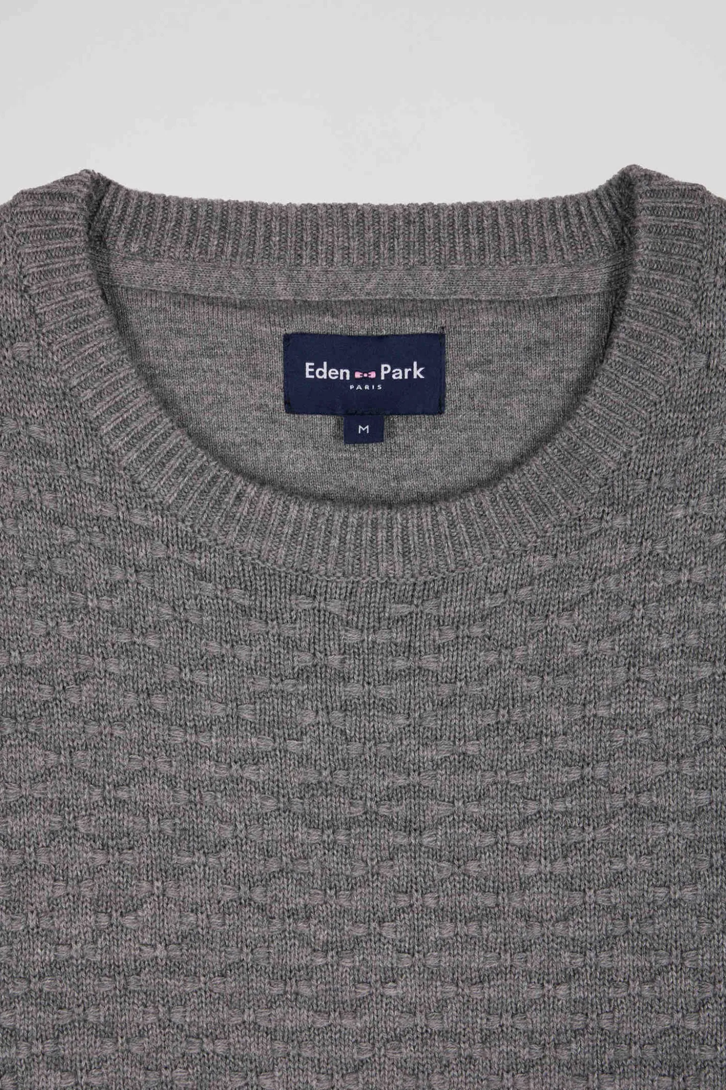 Regular grey wool and cotton crew neck jumper with micro bow tie effect