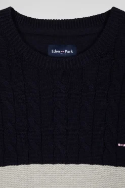 Regular grey wool and cotton crew neck jumper with knit patterns