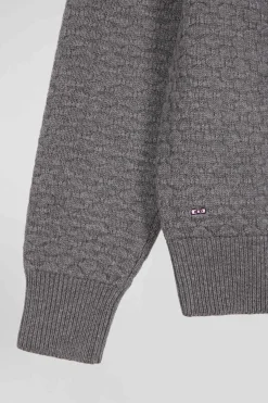 Regular grey wool and cotton crew neck jumper with micro bow tie effect