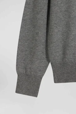 Regular grey wool and cotton V-neck jumper with striped details