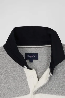 Regular grey wool and cotton jumper with knit patterns and rugby shirt collar