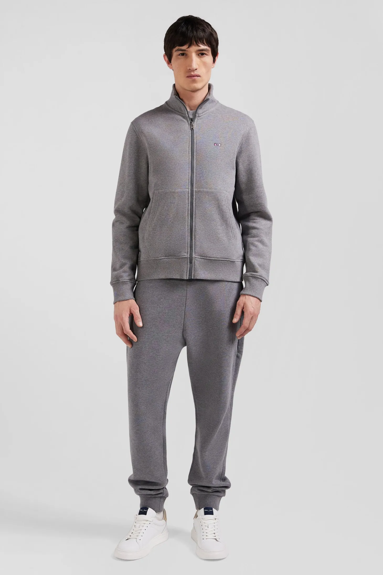 Regular grey zipped brushed cotton fleece sweatshirt with high top collar