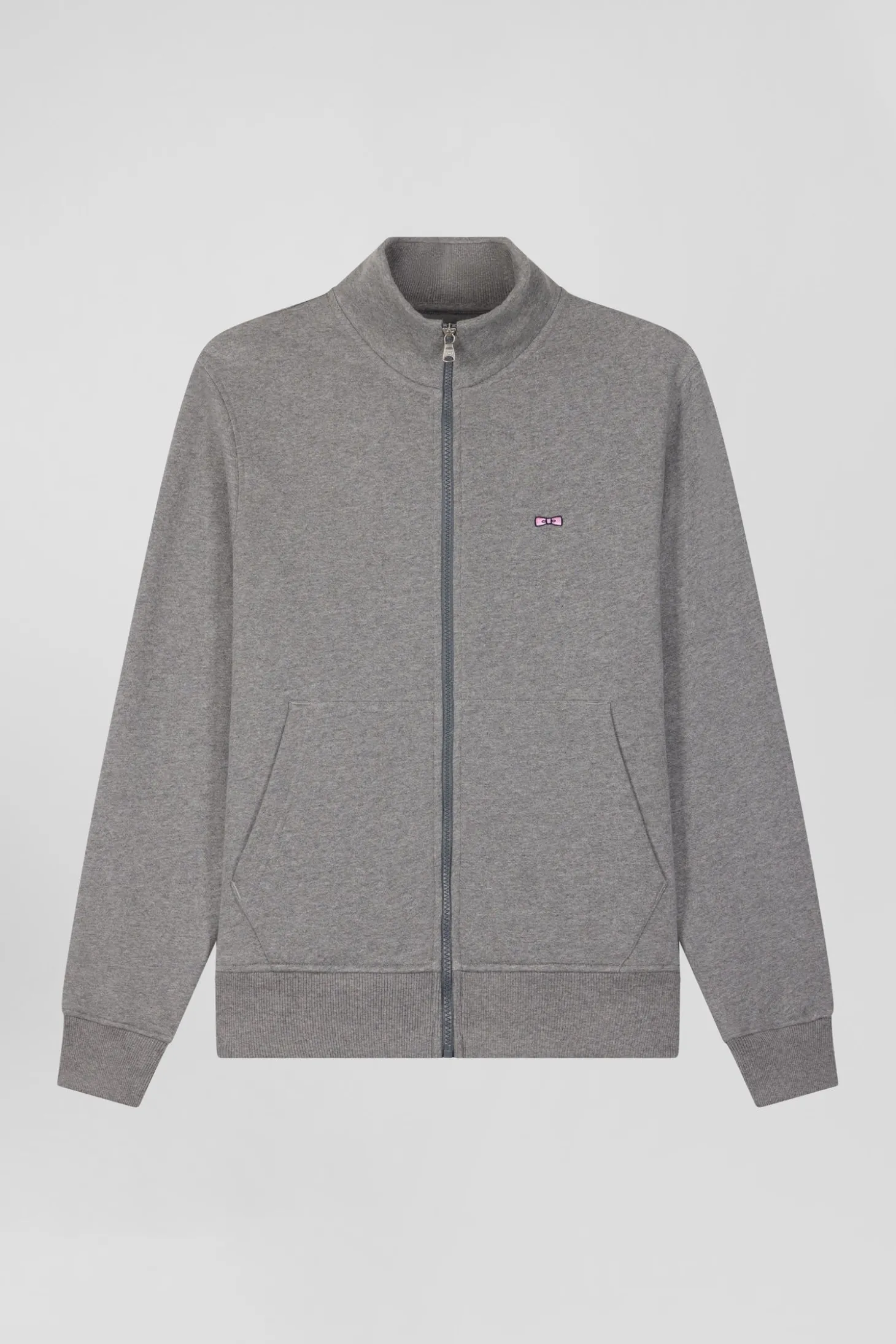 Regular grey zipped brushed cotton fleece sweatshirt with high top collar