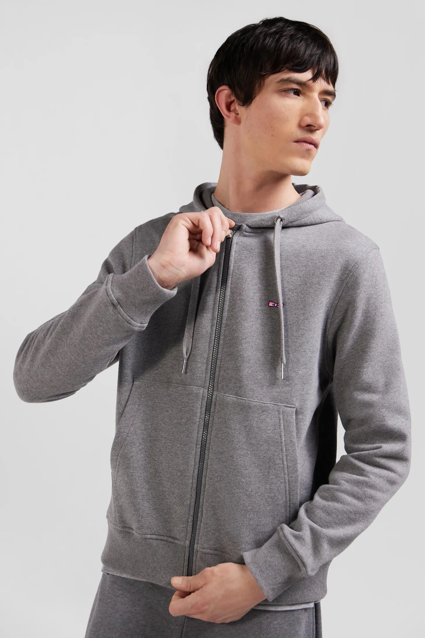 Regular grey zipped brushed cotton fleece hoodie