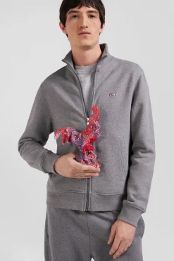 Regular grey zipped brushed cotton fleece sweatshirt with high top collar