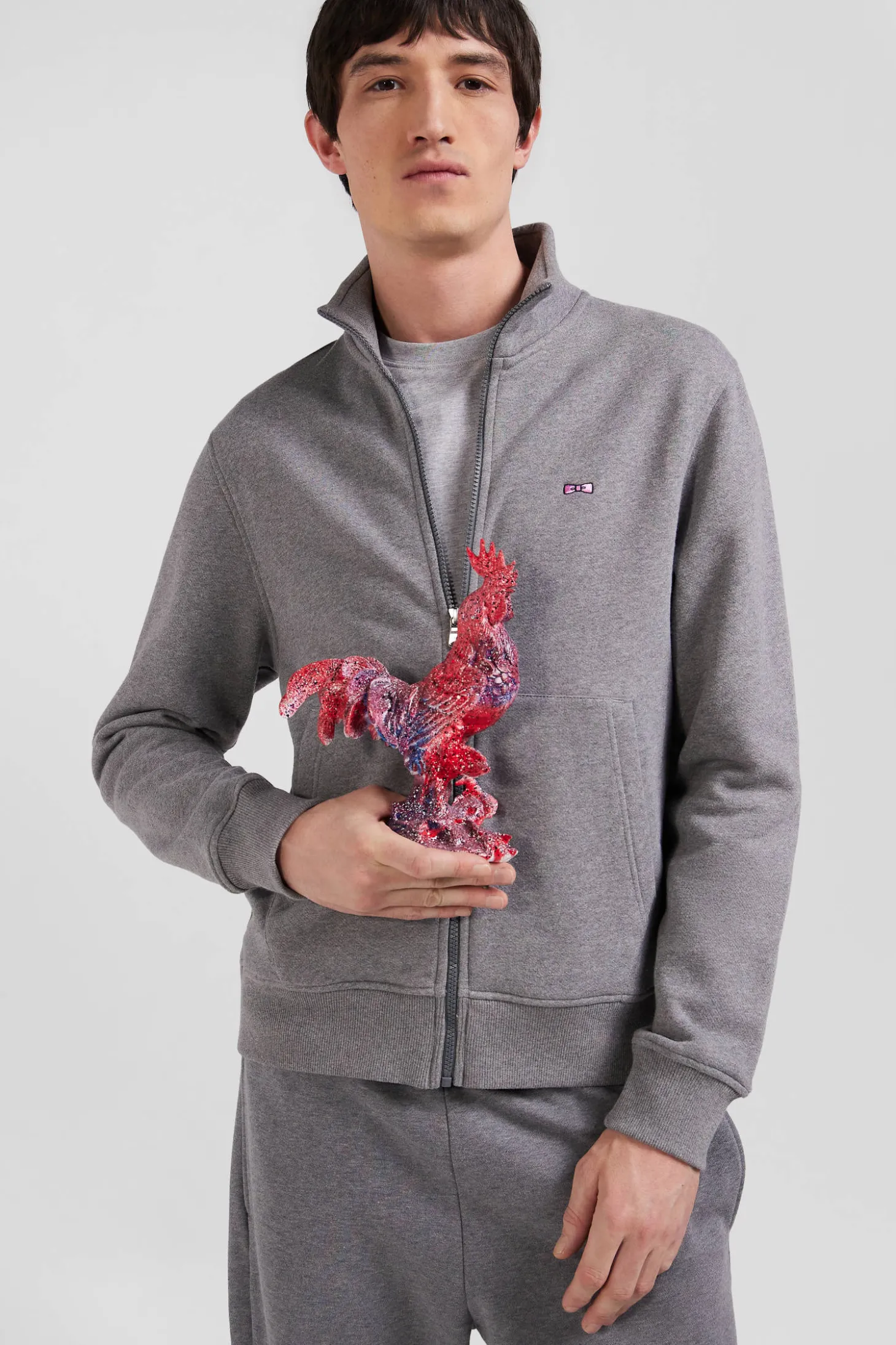 Regular grey zipped brushed cotton fleece sweatshirt with high top collar