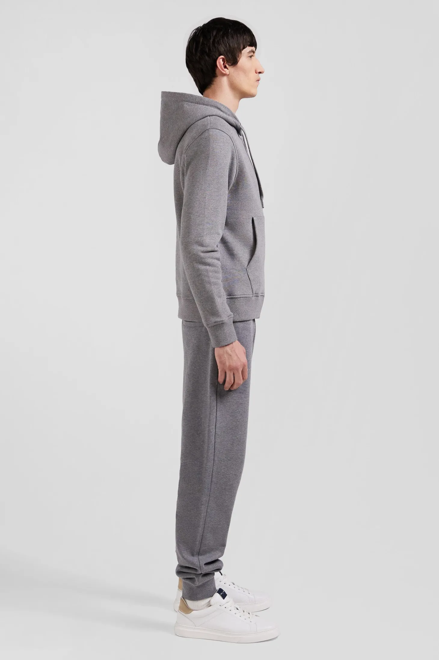 Regular grey zipped brushed cotton fleece hoodie