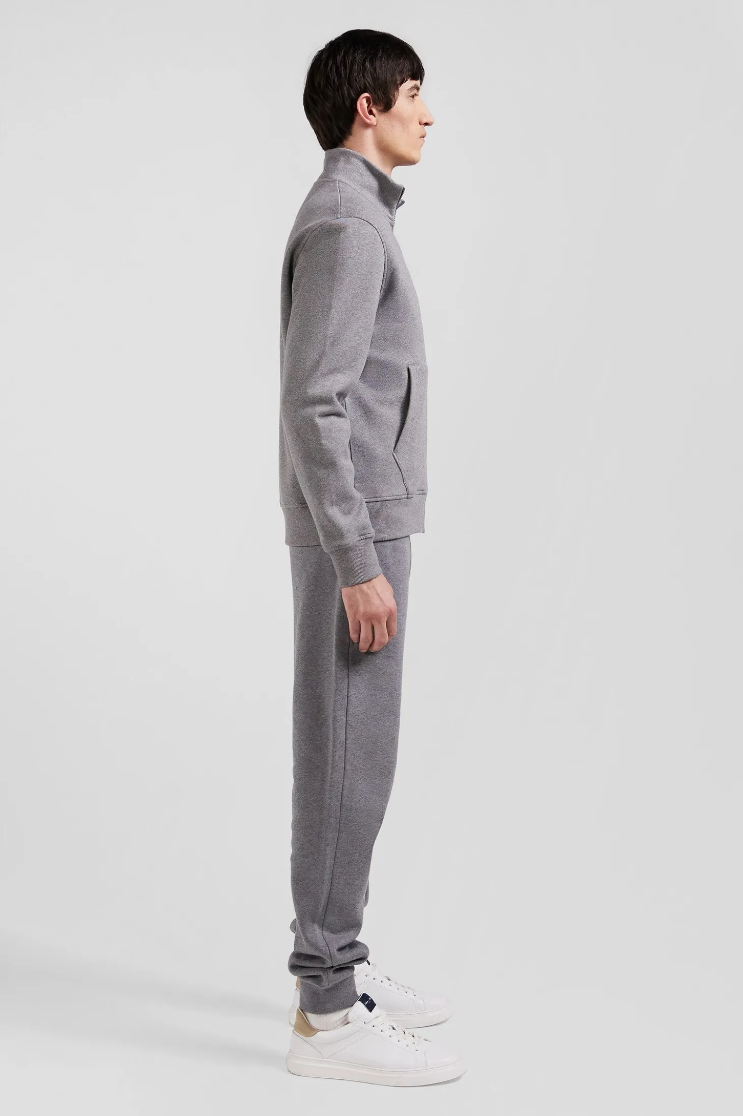 Regular grey zipped brushed cotton fleece sweatshirt with high top collar