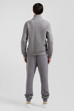 Regular grey zipped brushed cotton fleece sweatshirt with high top collar