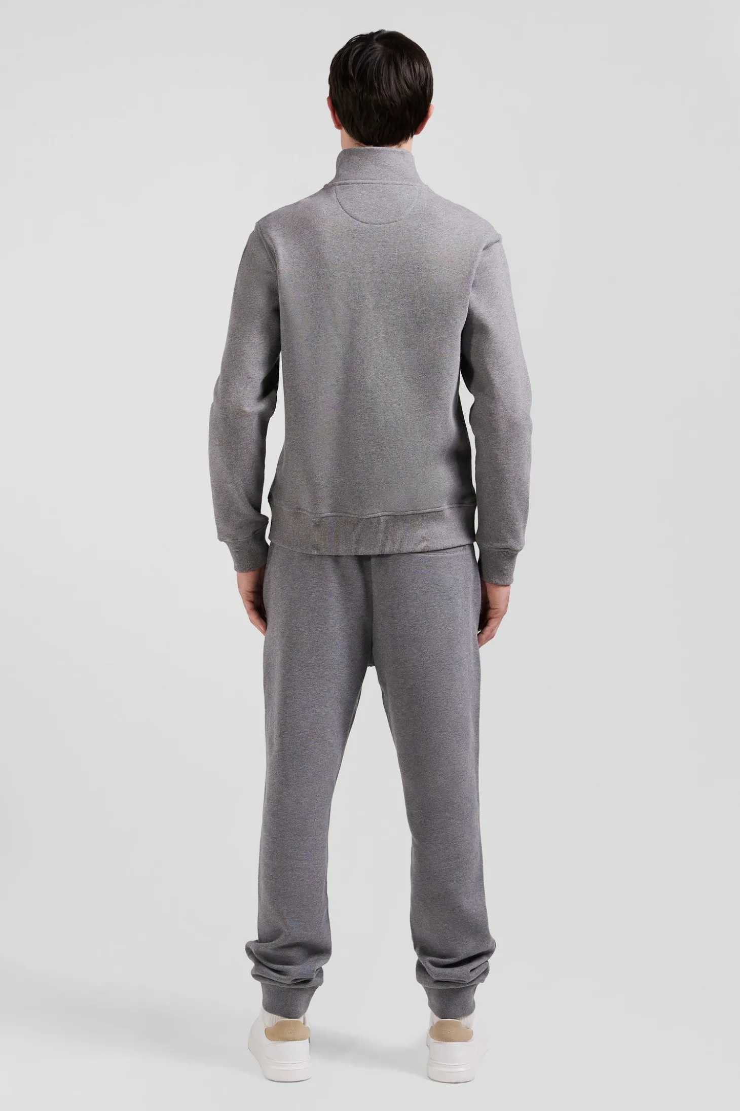 Regular grey zipped brushed cotton fleece sweatshirt with high top collar