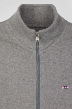 Regular grey zipped brushed cotton fleece sweatshirt with high top collar