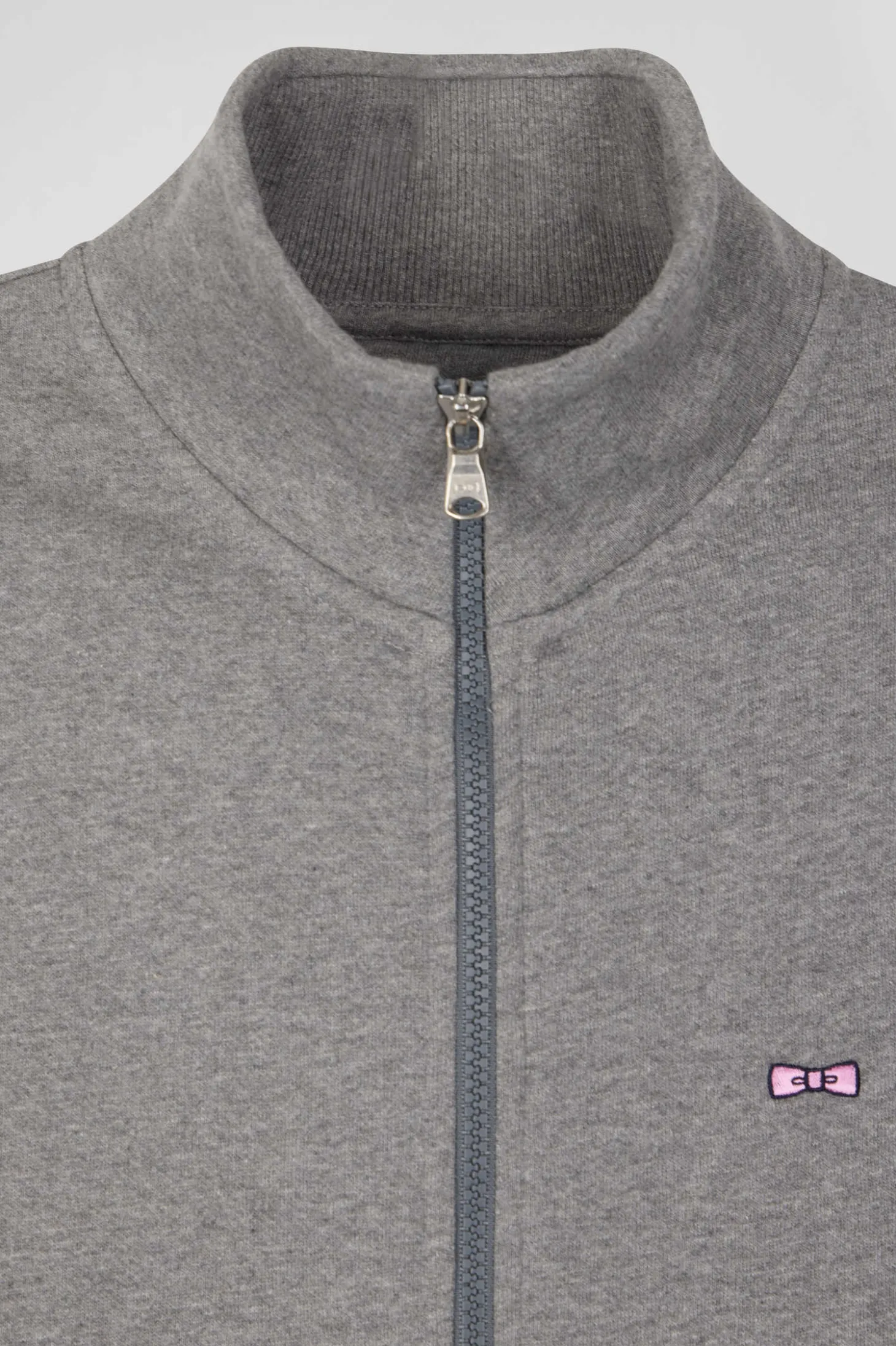 Regular grey zipped brushed cotton fleece sweatshirt with high top collar