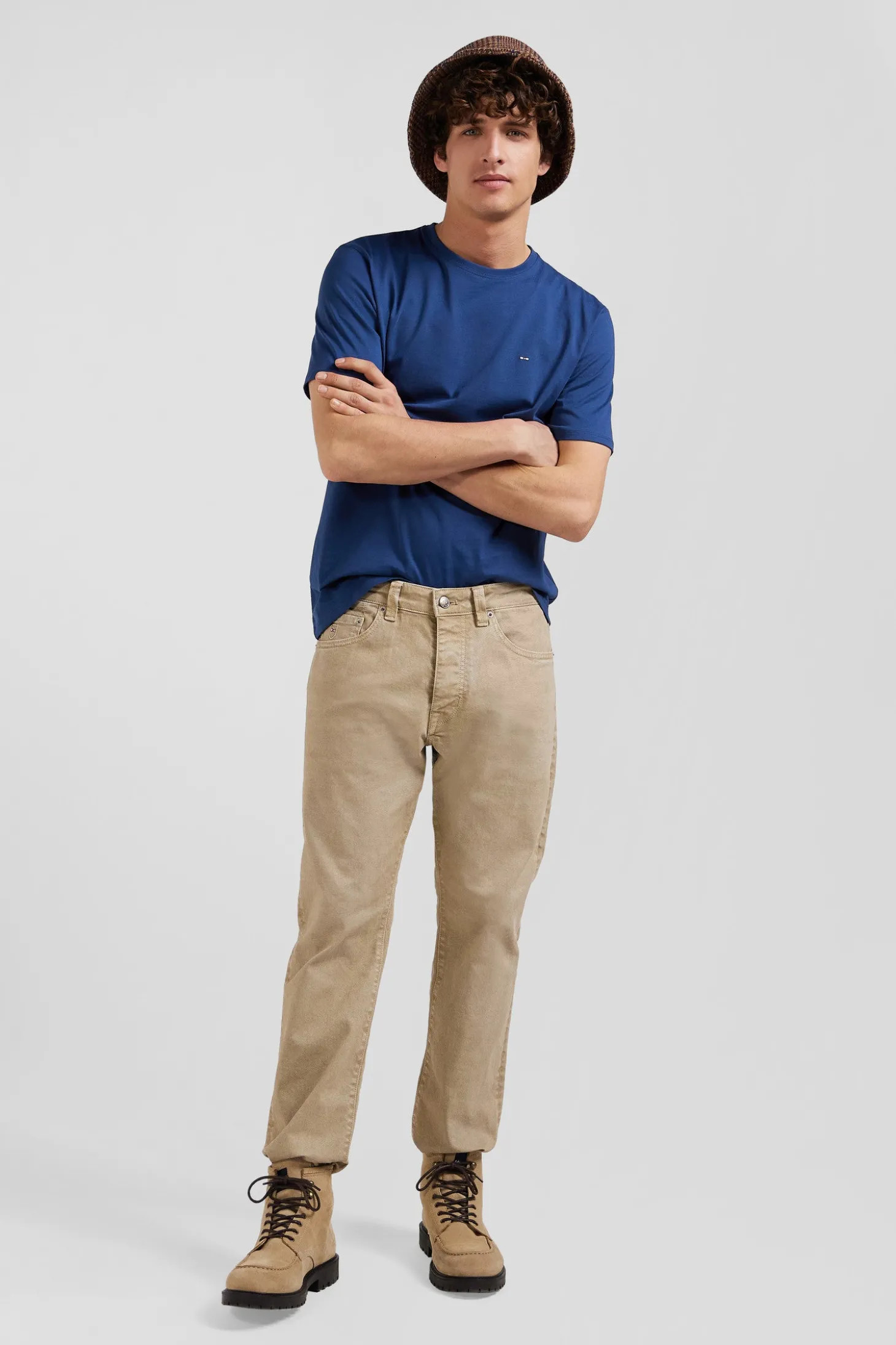 Regular hemp-coloured stretch cotton 5-pocket trousers