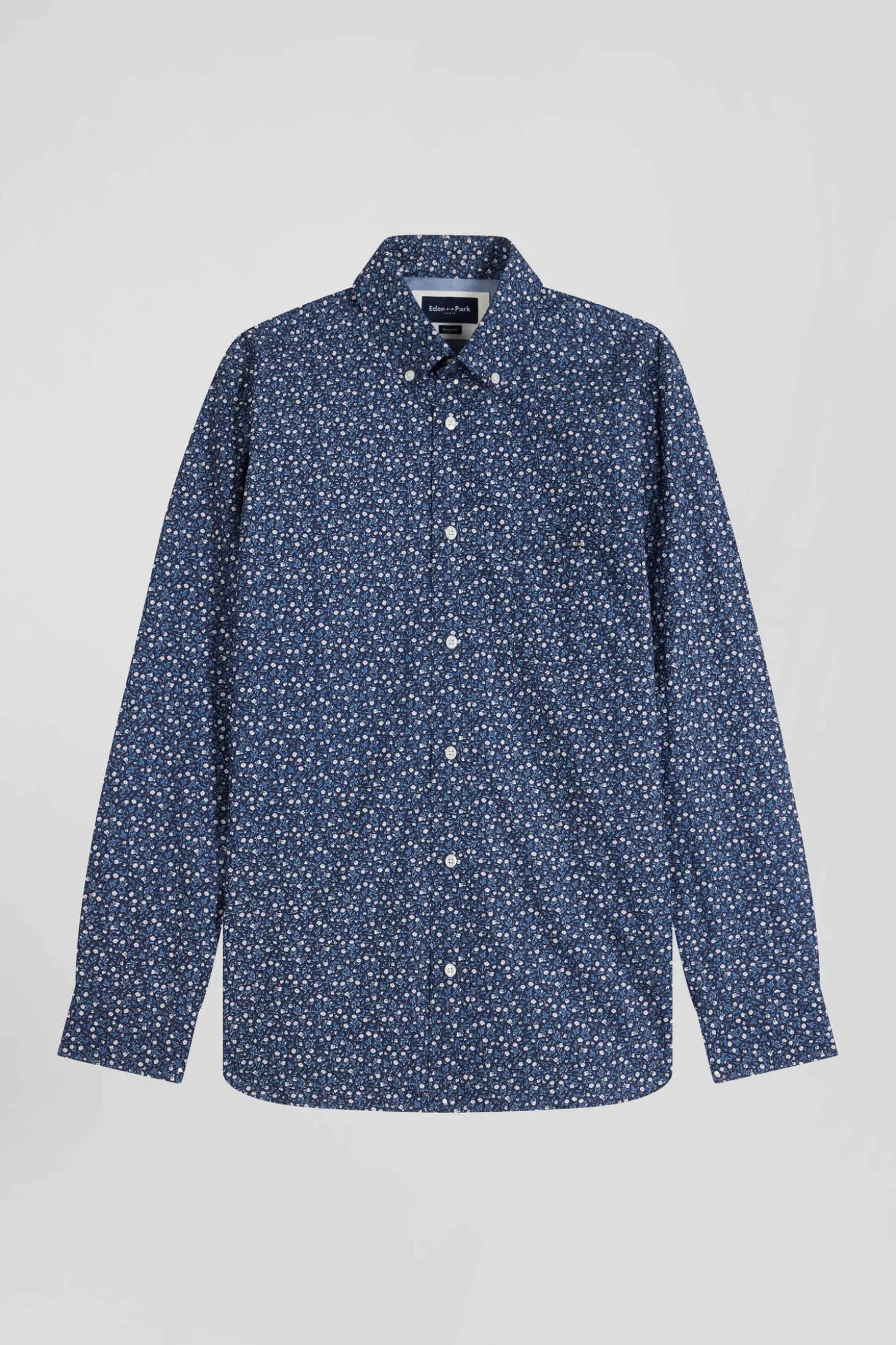 Regular indigo cotton shirt with microprint