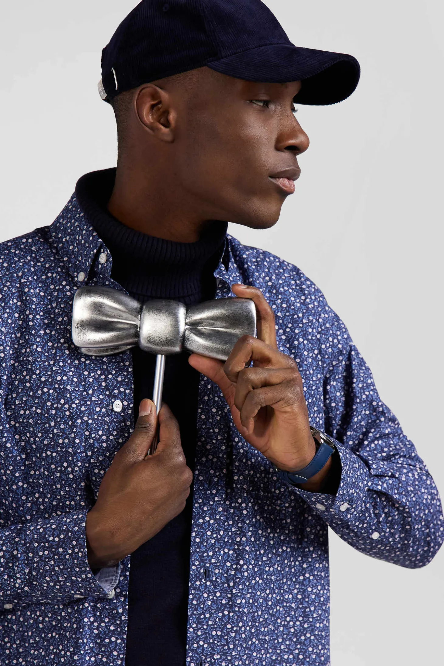 Regular indigo cotton shirt with microprint