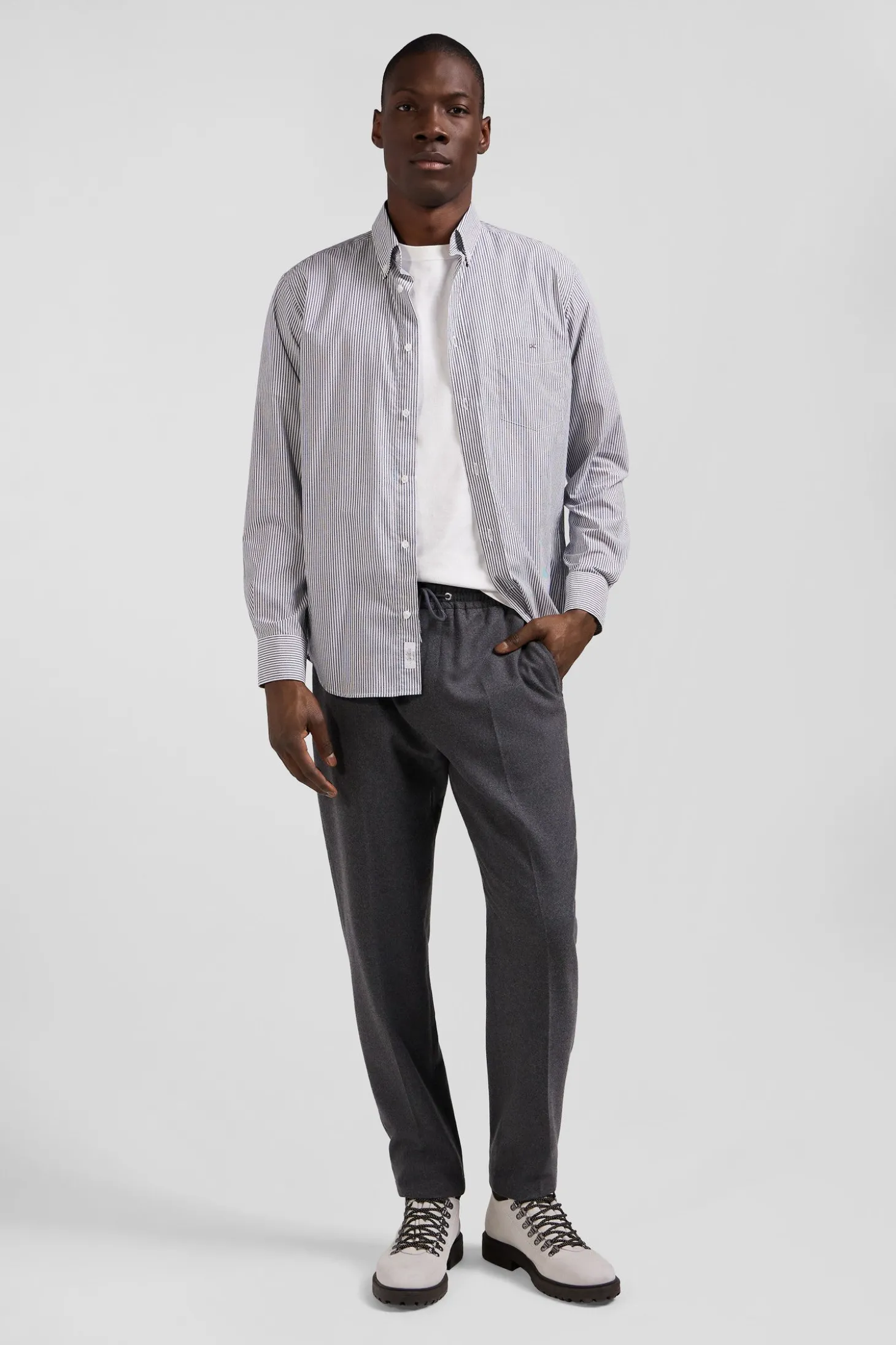 Regular indigo striped cotton jacquard shirt
