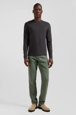 Regular khaki long-sleeved cotton T-shirt with floral back patch
