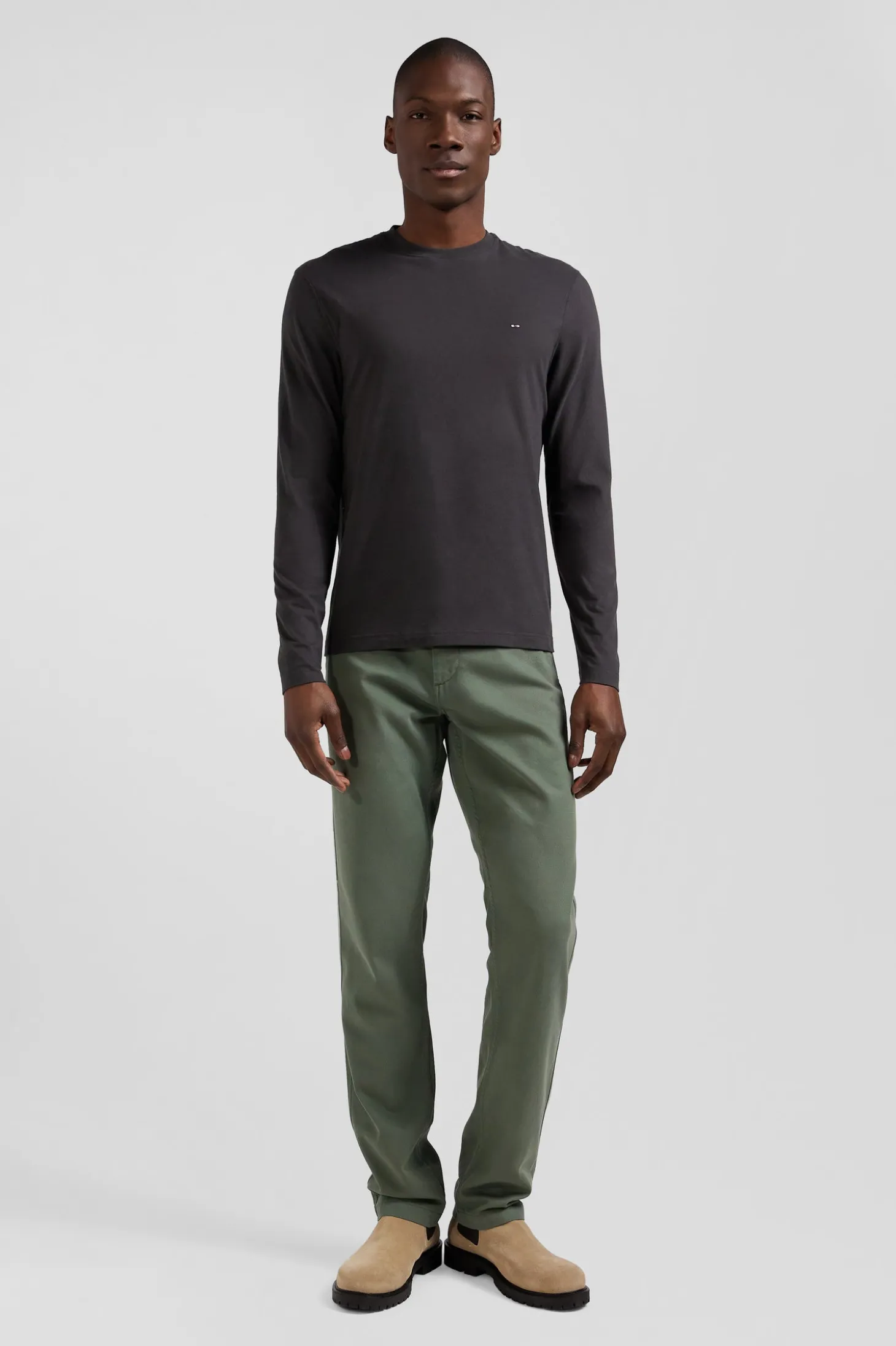 Regular khaki long-sleeved cotton T-shirt with floral back patch
