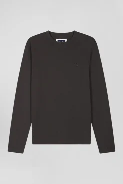 Regular khaki long-sleeved cotton T-shirt with floral back patch