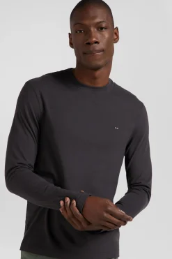 Regular khaki long-sleeved cotton T-shirt with floral back patch