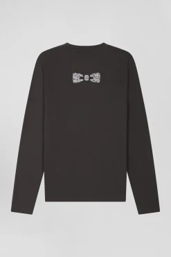 Regular khaki long-sleeved cotton T-shirt with floral back patch