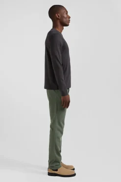 Regular khaki long-sleeved cotton T-shirt with floral back patch