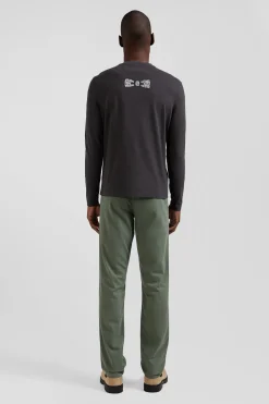 Regular khaki long-sleeved cotton T-shirt with floral back patch
