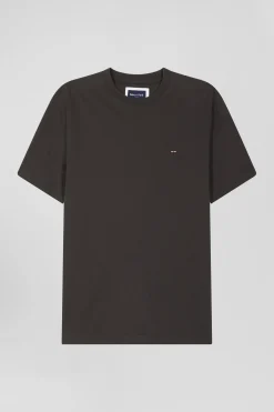 Regular khaki short-sleeved cotton T-shirt with back patch