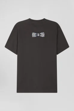 Regular khaki short-sleeved cotton T-shirt with back patch
