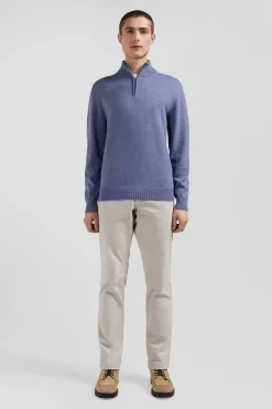Regular light blue semi-zipped wool and cotton jumper
