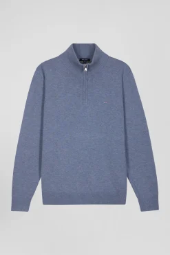 Regular light blue semi-zipped wool and cotton jumper