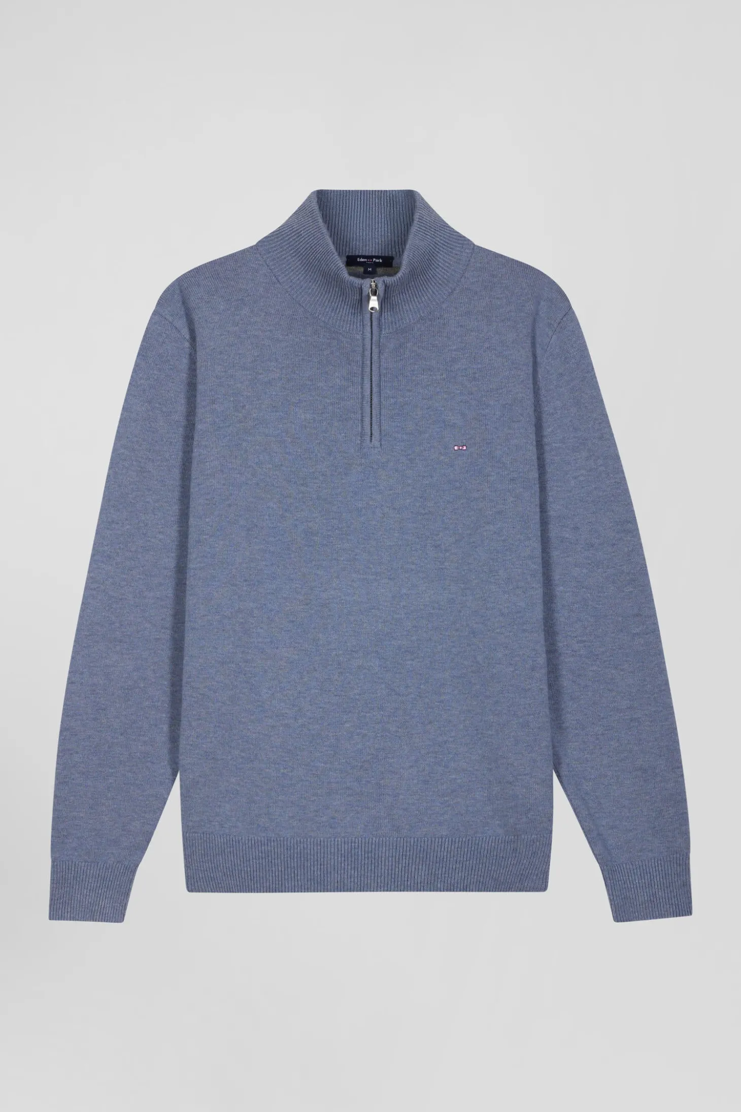Regular light blue semi-zipped wool and cotton jumper