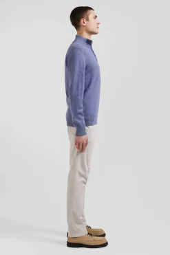 Regular light blue semi-zipped wool and cotton jumper