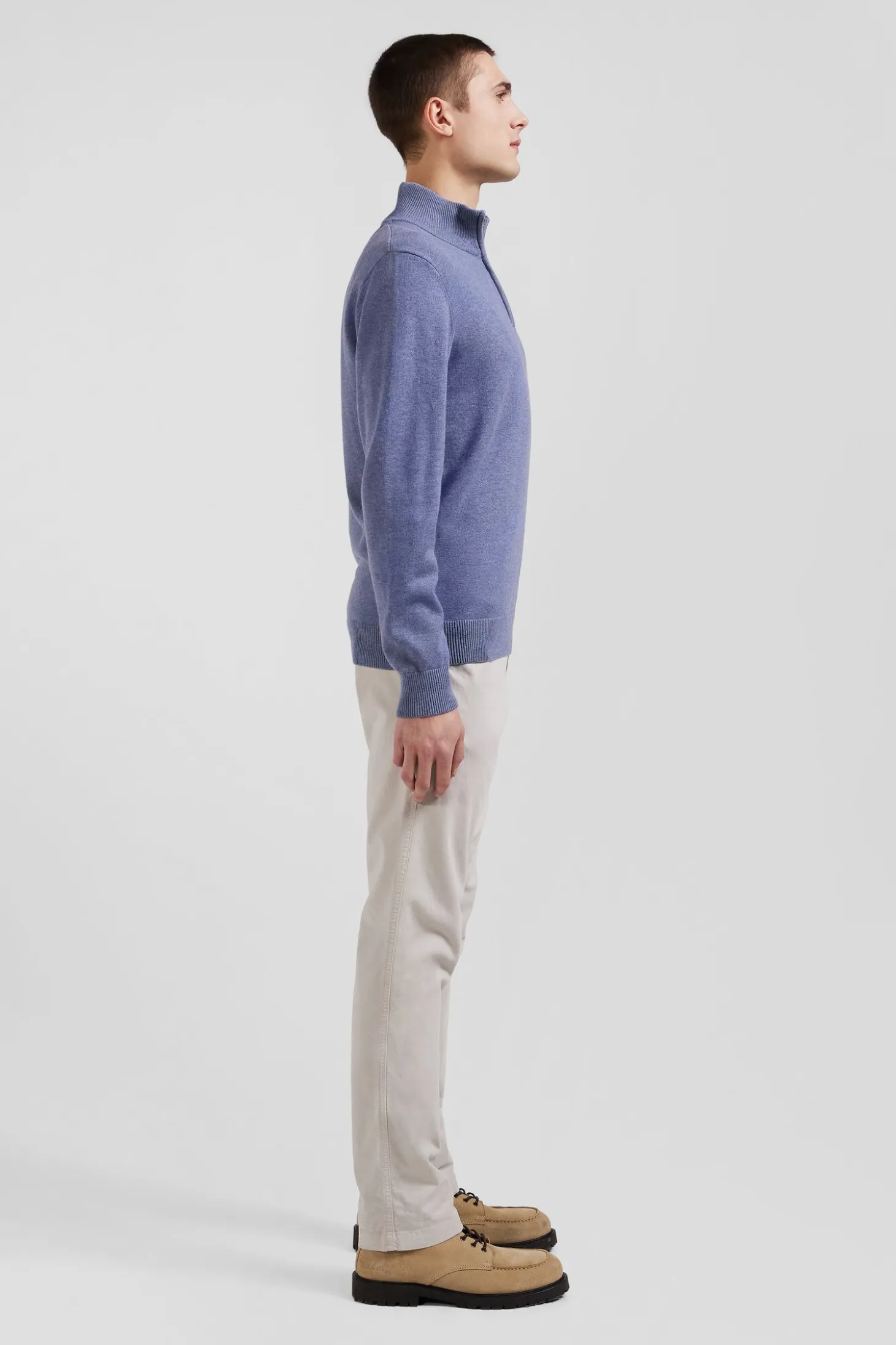 Regular light blue semi-zipped wool and cotton jumper