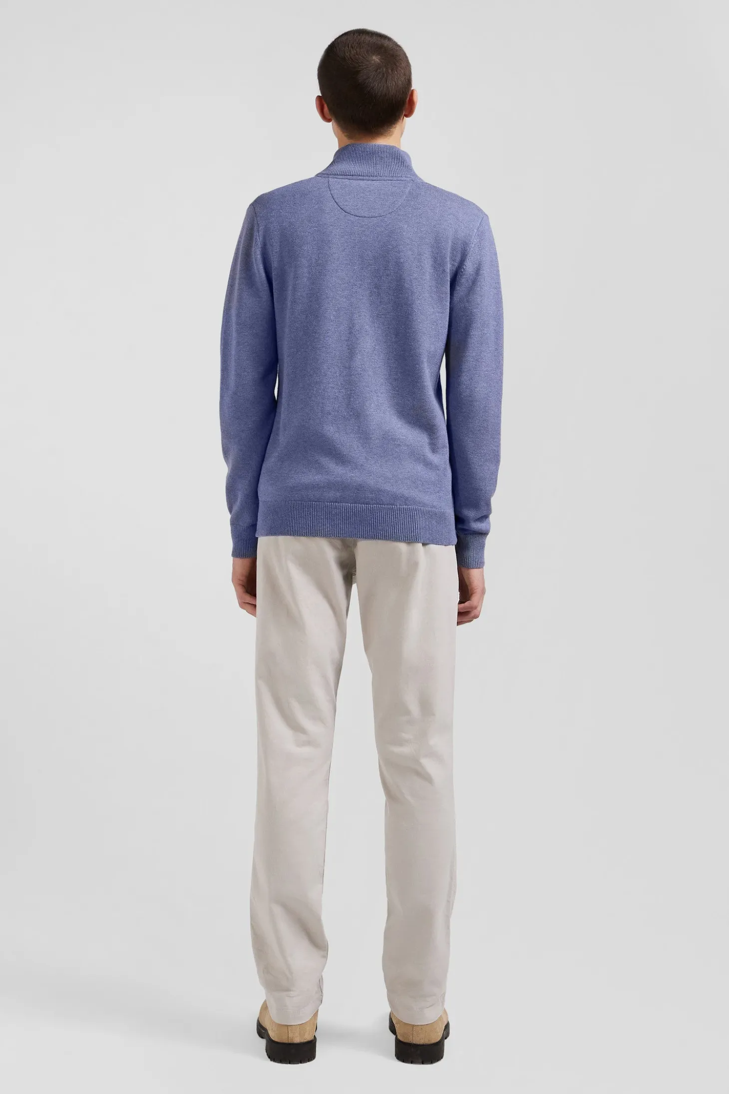 Regular light blue semi-zipped wool and cotton jumper