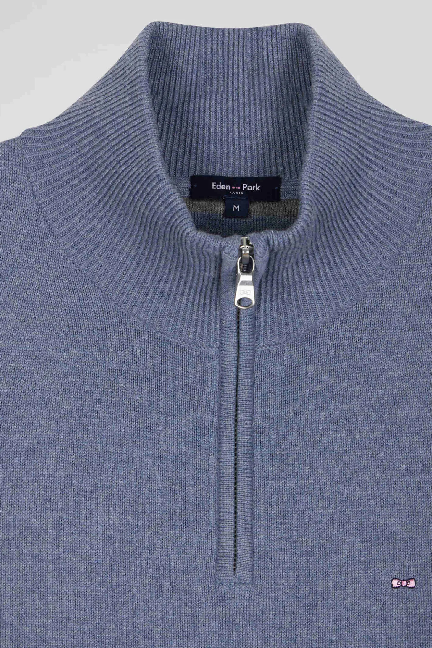 Regular light blue semi-zipped wool and cotton jumper