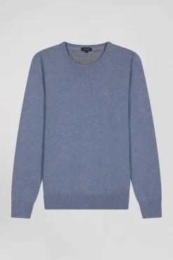 Regular light blue wool and cotton crew neck jumper