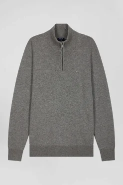 Regular light grey semi-zipped wool and cotton jumper