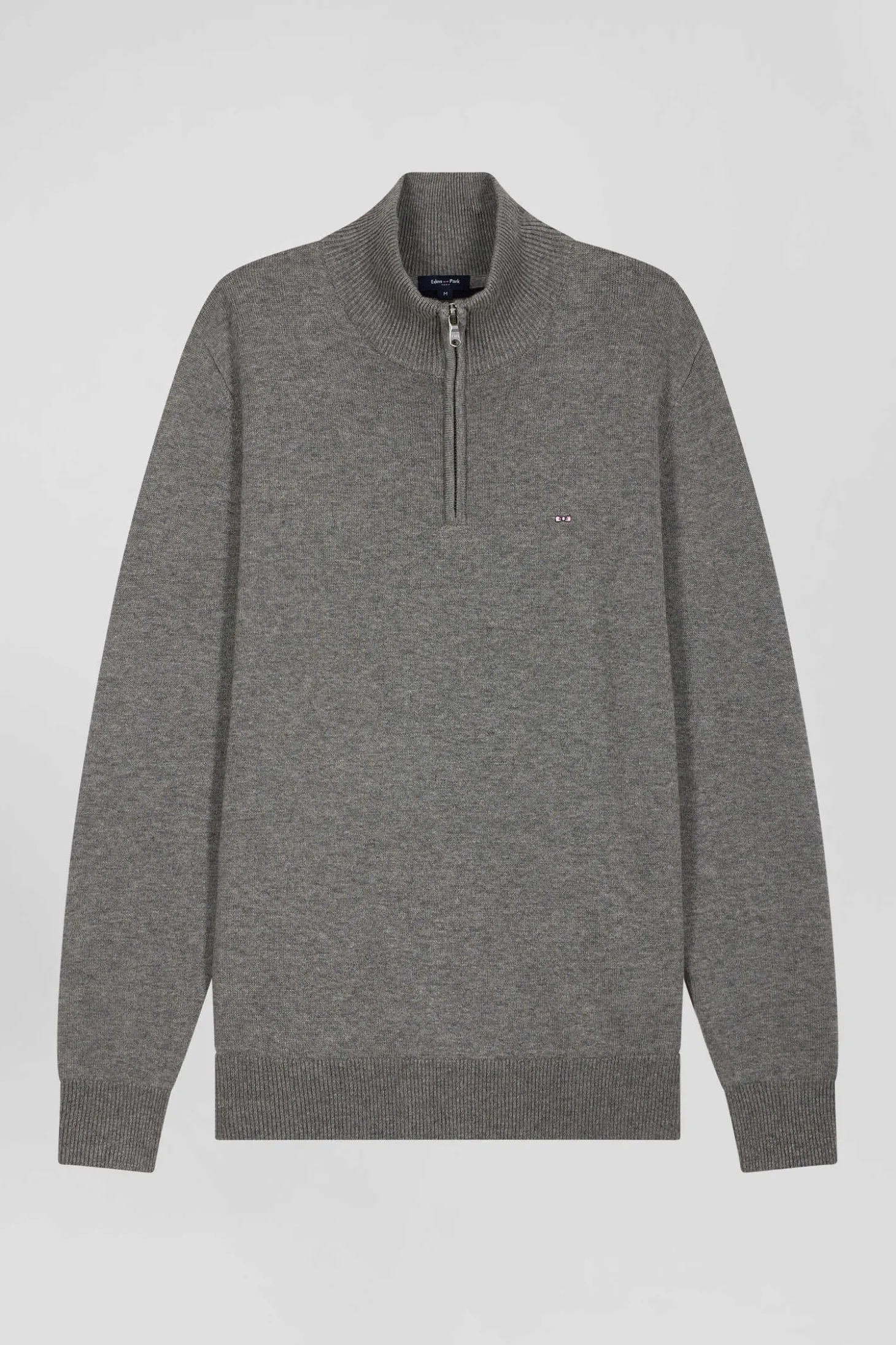 Regular light grey semi-zipped wool and cotton jumper