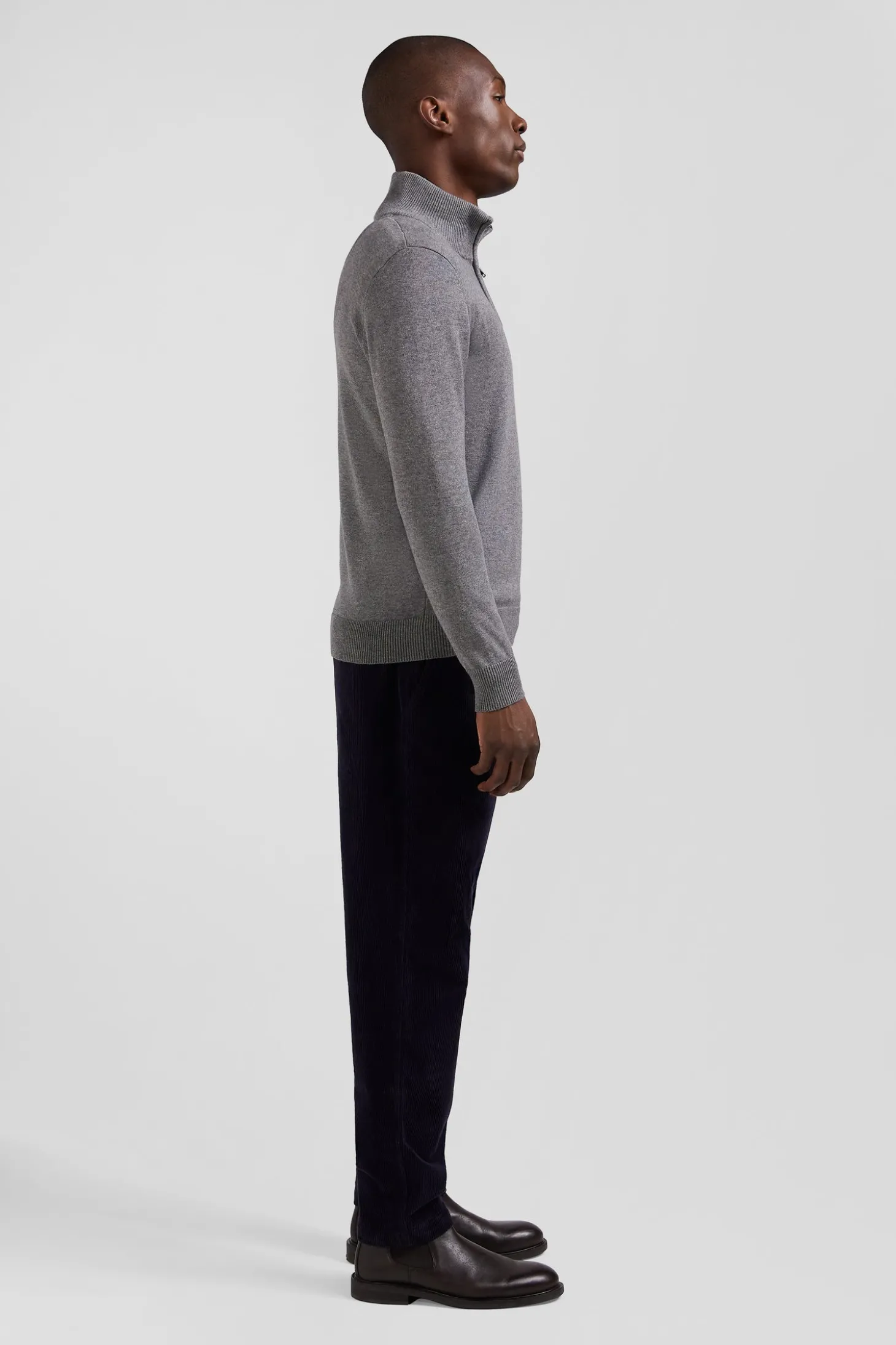 Regular light grey semi-zipped wool and cotton jumper